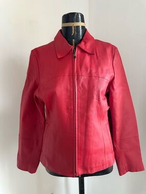 Women’s Red Leather Zip-Front Jacket